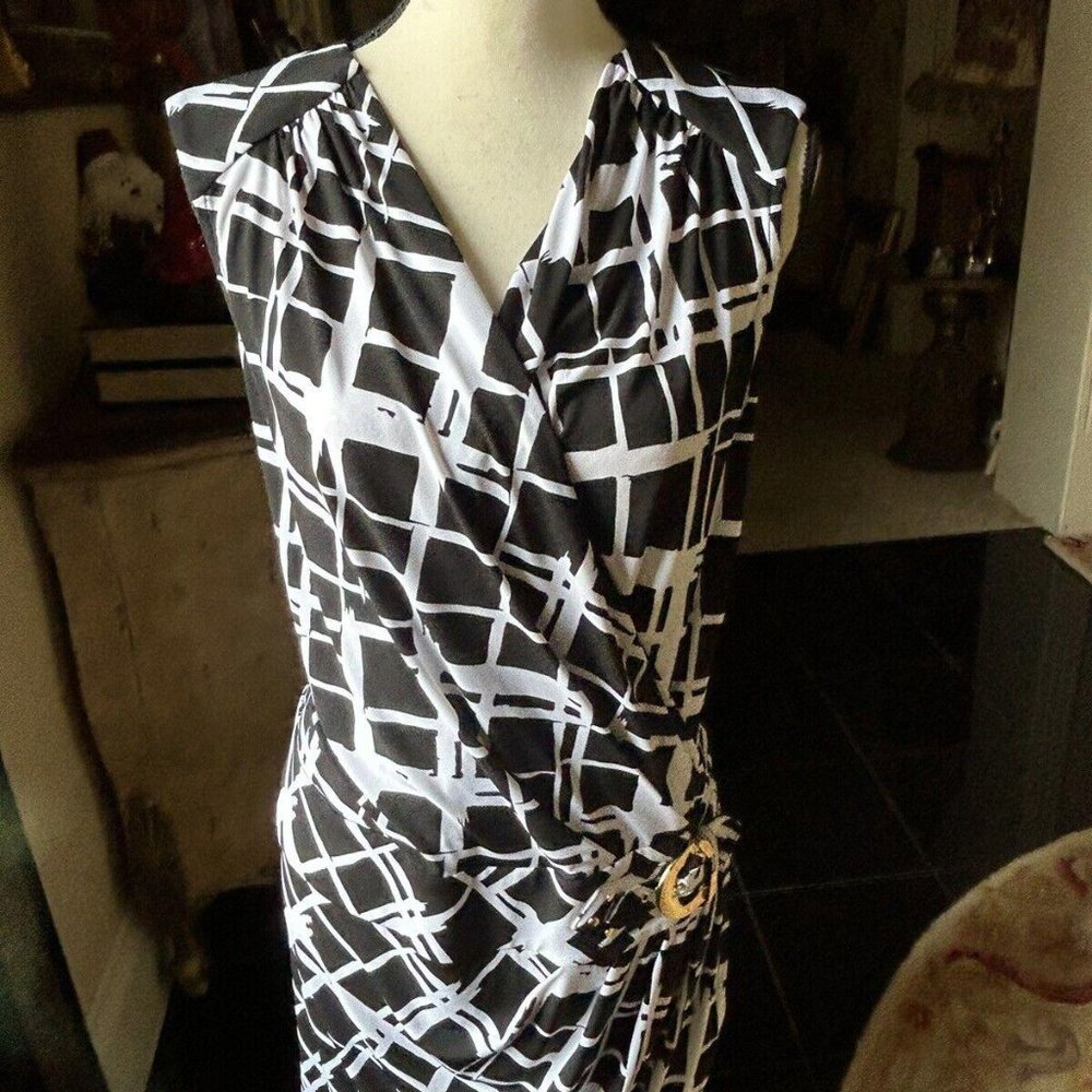 Cache Dress Women Sz XL Black White Geometric Faux Wrap Drape Buckle Drop Waist